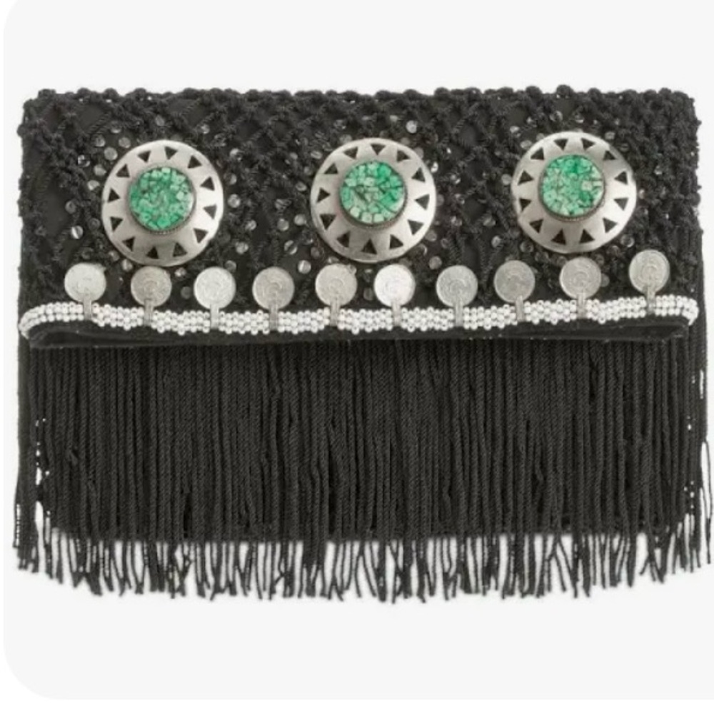 Sam Edelman Black Lisa  Foldover Beaded Fringe Clutch
